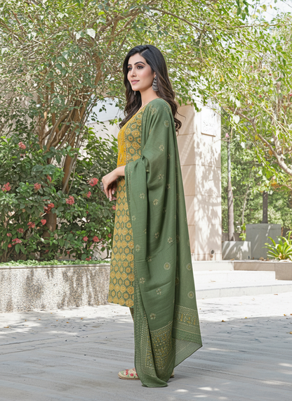 Aaliya Green Printed Pure Cotton Kurta Set with Cotton Mul Lining, Handcrafted Sequin & Mirror Work Yoke and Dupatta