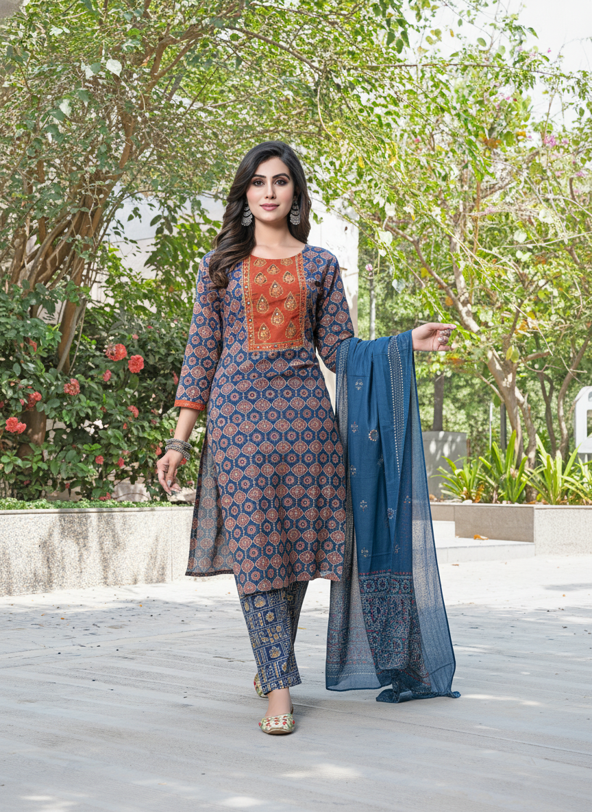 Aaliya Navy Printed Pure Cotton Kurta Set with Cotton Mul Lining, Handcrafted Sequin & Mirror Work Yoke and Dupatta