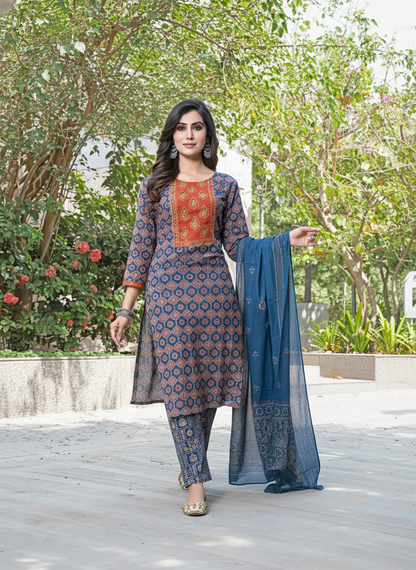 Aaliya Navy Printed Pure Cotton Kurta Set with Cotton Mul Lining, Handcrafted Sequin & Mirror Work Yoke and Dupatta
