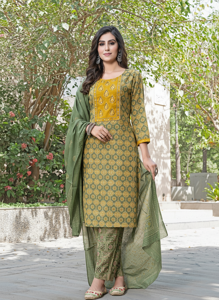 Aaliya Green Printed Pure Cotton Kurta Set with Cotton Mul Lining, Handcrafted Sequin & Mirror Work Yoke and Dupatta