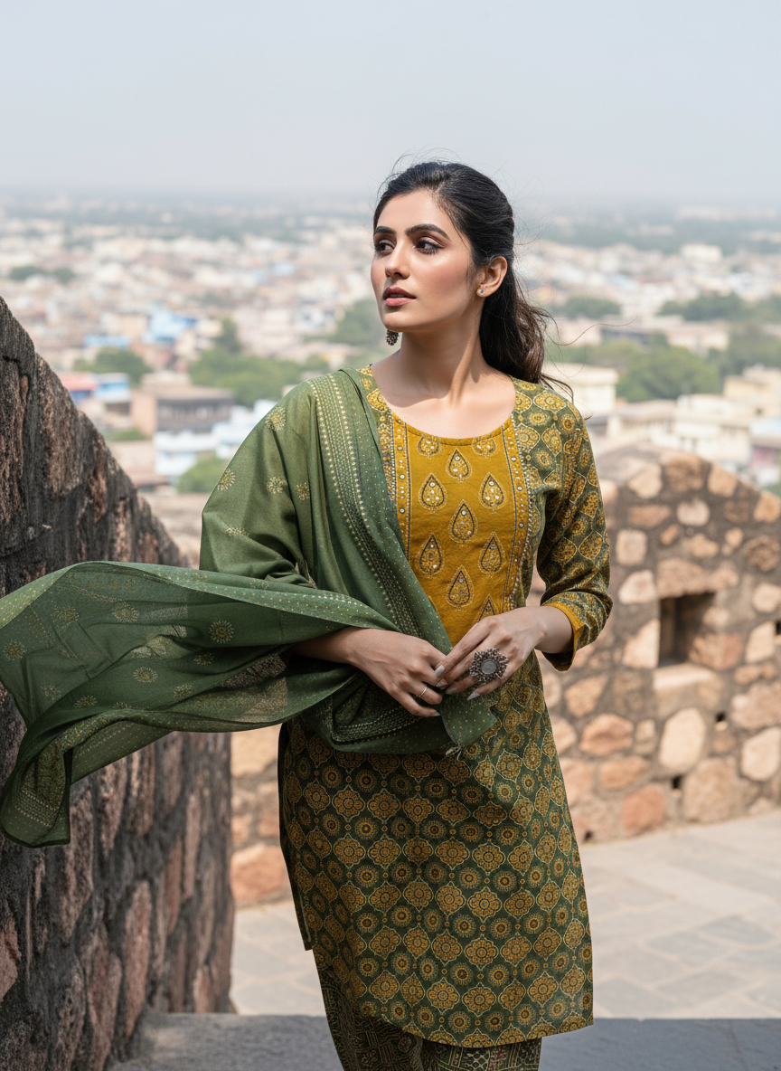 Aaliya Green Printed Pure Cotton Kurta Set with Cotton Mul Lining, Handcrafted Sequin & Mirror Work Yoke and Dupatta