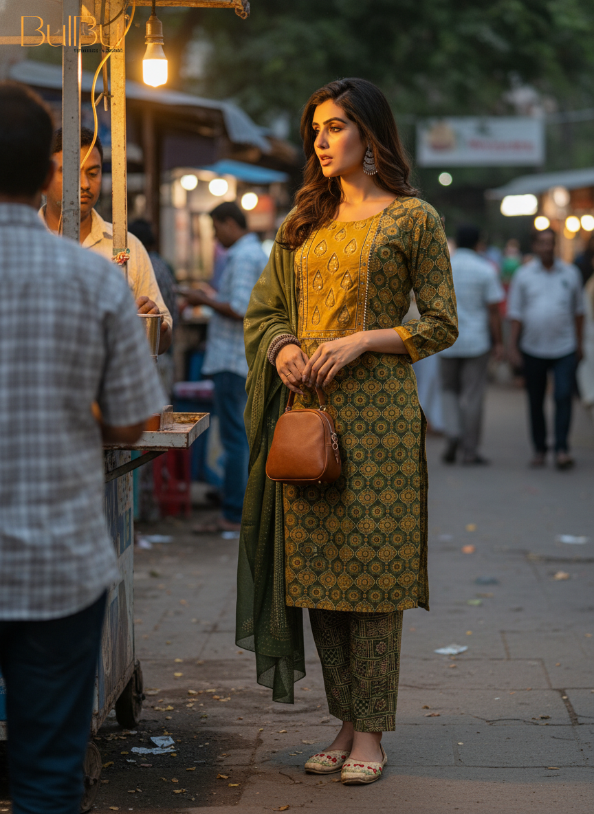 Aaliya Green Printed Pure Cotton Kurta Set with Cotton Mul Lining, Handcrafted Sequin & Mirror Work Yoke and Dupatta