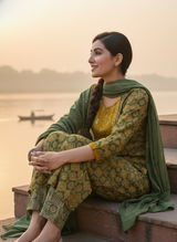 Aaliya Green Printed Pure Cotton Kurta Set with Cotton Mul Lining, Handcrafted Sequin & Mirror Work Yoke and Dupatta