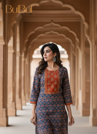 Aaliya Navy Printed Pure Cotton Kurta Set with Cotton Mul Lining, Handcrafted Sequin & Mirror Work Yoke and Dupatta