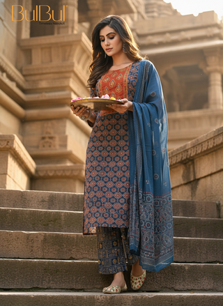 Aaliya Navy Printed Pure Cotton Kurta Set with Cotton Mul Lining, Handcrafted Sequin & Mirror Work Yoke and Dupatta