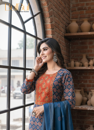 Aaliya Navy Printed Pure Cotton Kurta Set with Cotton Mul Lining, Handcrafted Sequin & Mirror Work Yoke and Dupatta