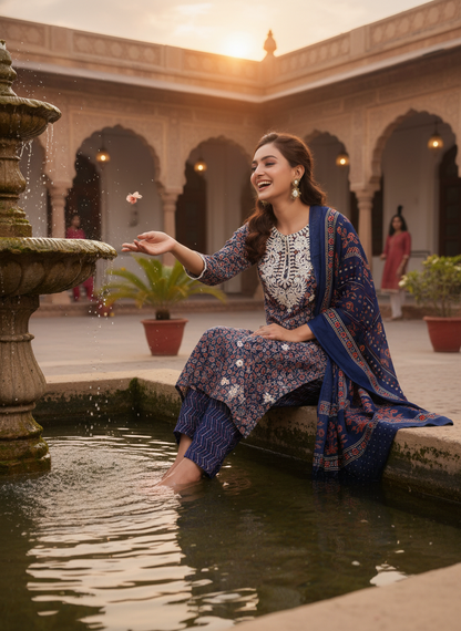 Pure Cotton Navy Chikankari Kurta Set with Dupatta in Indigo Discharge Print