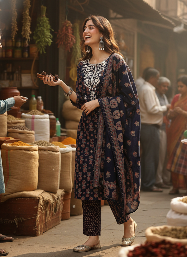 Pure Cotton Navy Blue Chikankari Kurta Set with Dupatta in Indigo Discharge Print