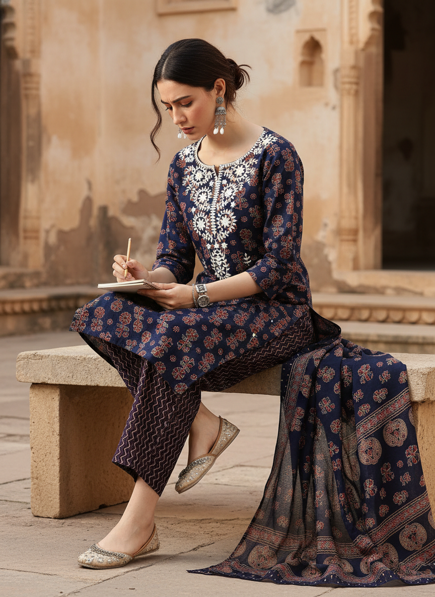 Pure Cotton Navy Blue Chikankari Kurta Set with Dupatta in Indigo Discharge Print