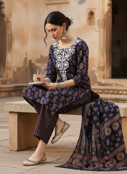Pure Cotton Navy Blue Chikankari Kurta Set with Dupatta in Indigo Discharge Print