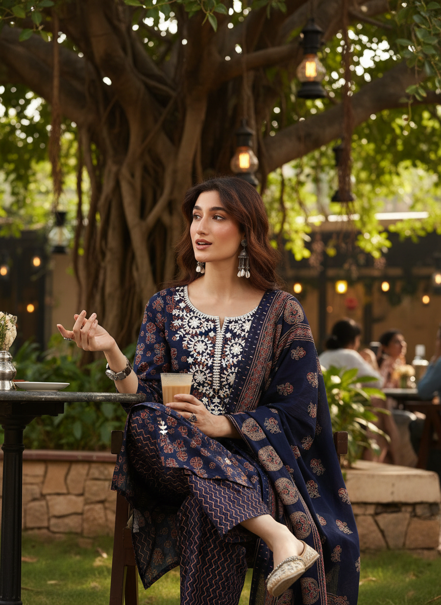 Pure Cotton Navy Blue Chikankari Kurta Set with Dupatta in Indigo Discharge Print