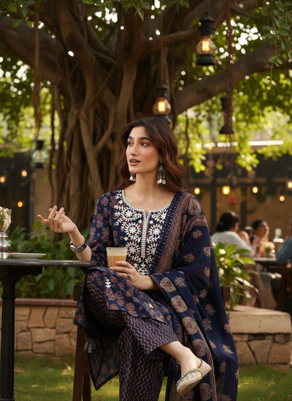 Pure Cotton Navy Blue Chikankari Kurta Set with Dupatta in Indigo Discharge Print