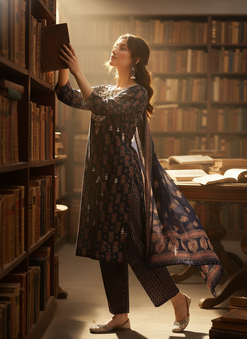 Pure Cotton Navy Blue Chikankari Kurta Set with Dupatta in Indigo Discharge Print
