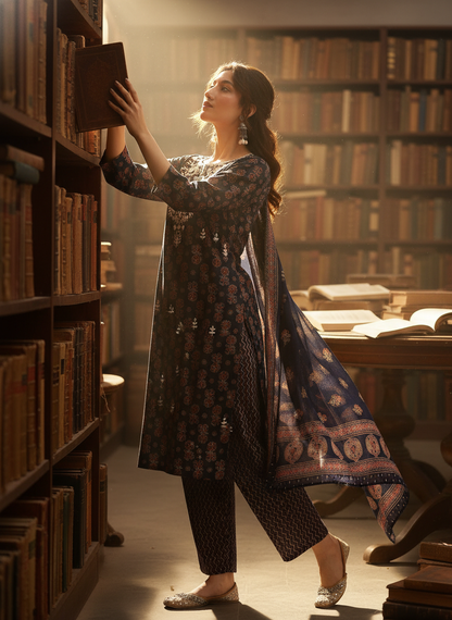 Pure Cotton Navy Blue Chikankari Kurta Set with Dupatta in Indigo Discharge Print