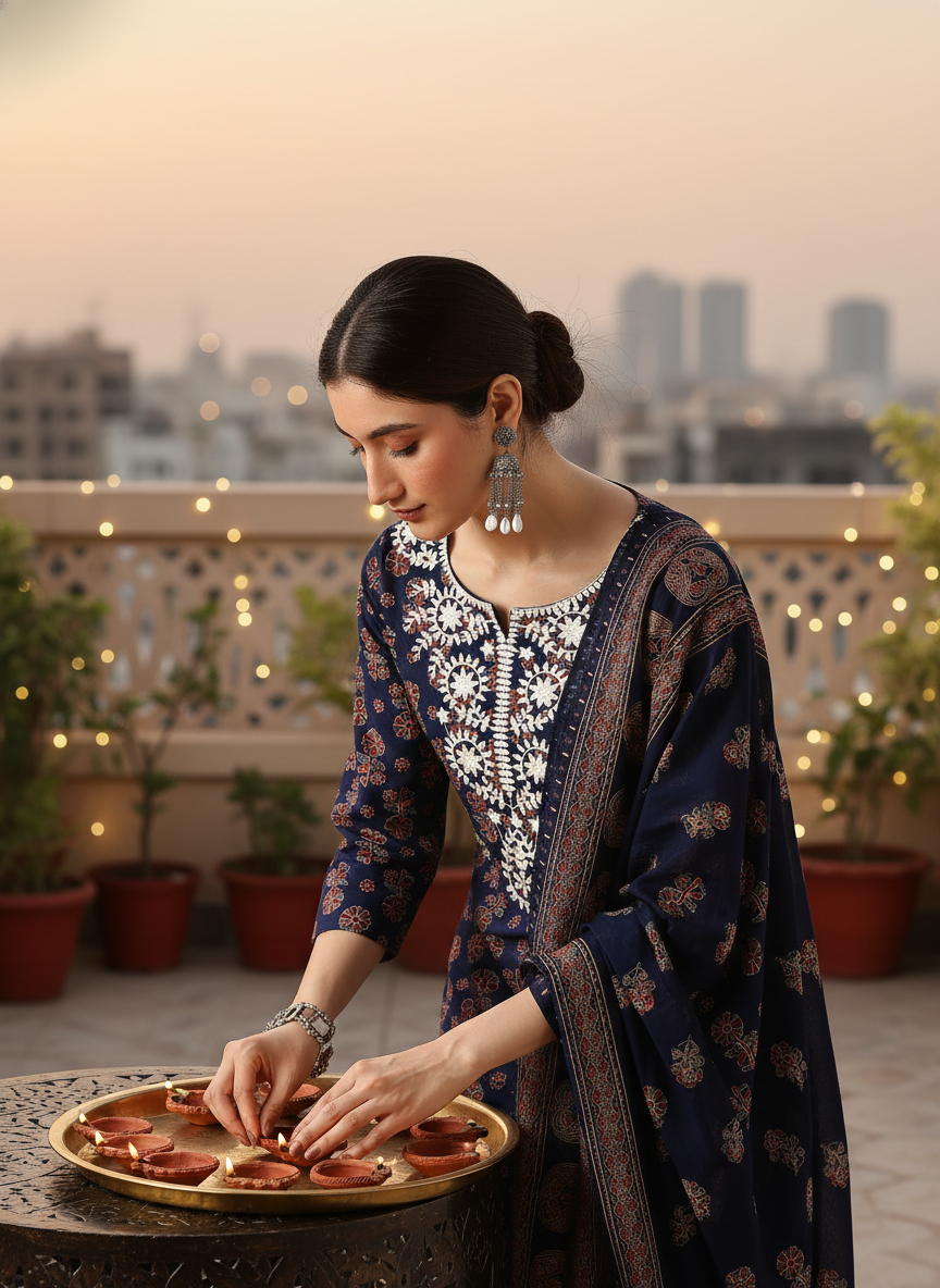 Pure Cotton Navy Blue Chikankari Kurta Set with Dupatta in Indigo Discharge Print