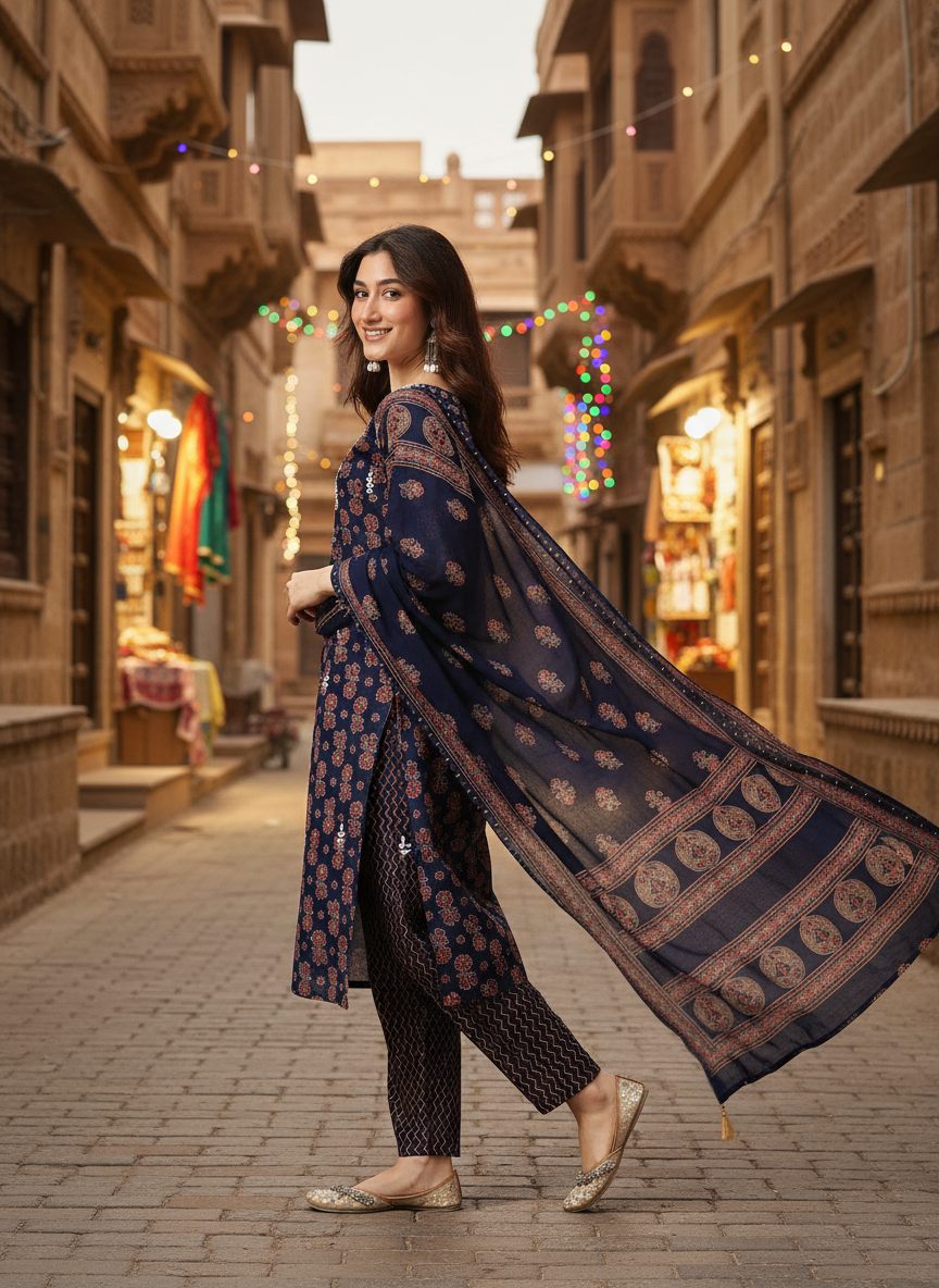 Pure Cotton Navy Blue Chikankari Kurta Set with Dupatta in Indigo Discharge Print