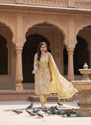 Pure Cotton Mustard Printed Kurta Set with Intricate Thread Embroidery & Mirror Work Neckline with Dupatta