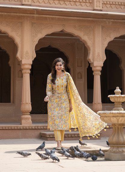 Pure Cotton Mustard Printed Kurta Set with Intricate Thread Embroidery & Mirror Work Neckline with Dupatta