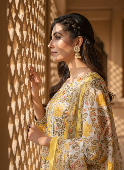 Pure Cotton Mustard Printed Kurta Set with Intricate Thread Embroidery & Mirror Work Neckline with Dupatta