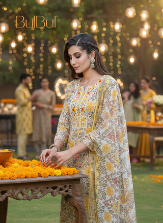Pure Cotton Mustard Printed Kurta Set with Intricate Thread Embroidery & Mirror Work Neckline with Dupatta
