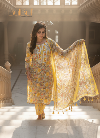 Pure Cotton Mustard Printed Kurta Set with Intricate Thread Embroidery & Mirror Work Neckline with Dupatta