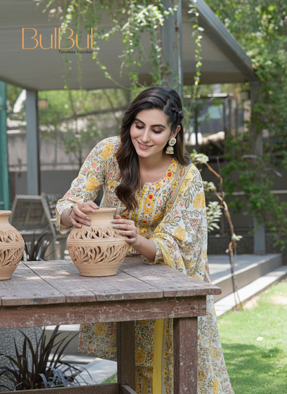 Pure Cotton Mustard Printed Kurta Set with Intricate Thread Embroidery & Mirror Work Neckline with Dupatta