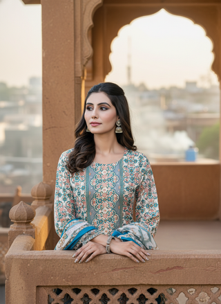 Pure Cotton Green-Blue Printed Kurta Set with Subtle Sequin Detail & Dupatta