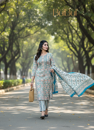 Pure Cotton Green-Blue Printed Kurta Set with Subtle Sequin Detail & Dupatta