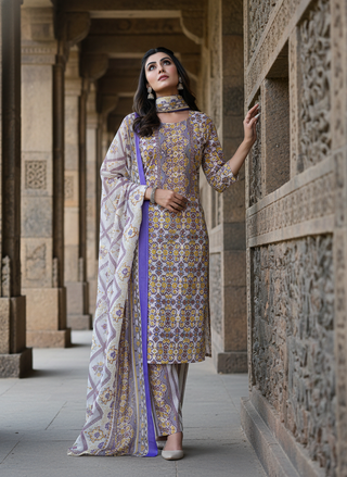 Pure Cotton Mustard Printed Kurta Set with Subtle Sequin Detail & Dupatta