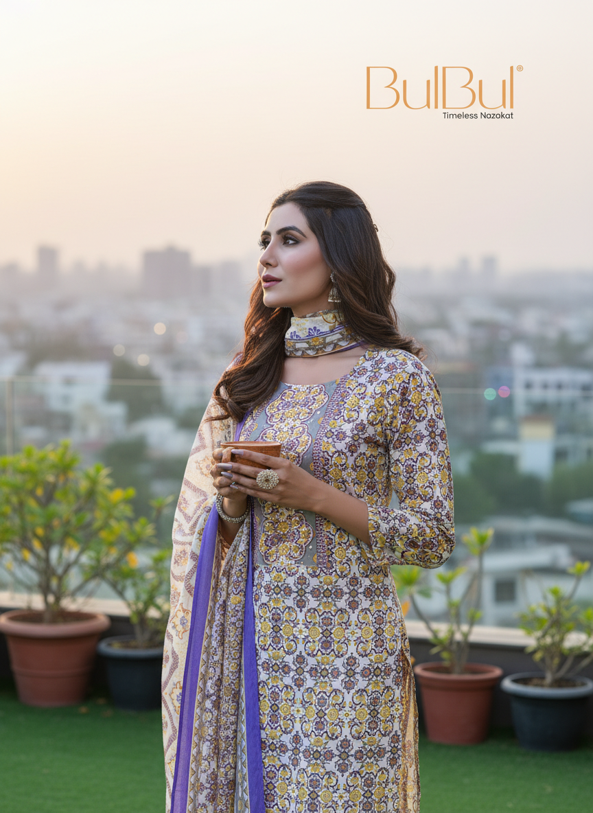 Pure Cotton Mustard Printed Kurta Set with Subtle Sequin Detail & Dupatta