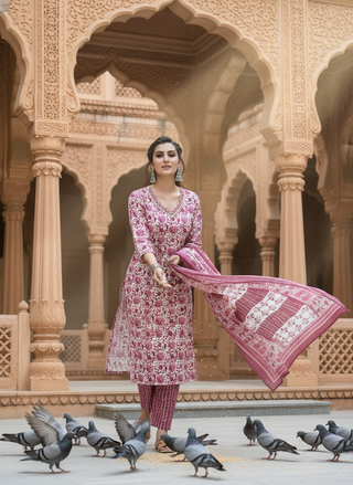 Pure Cotton Wine Floral Printed Kurta Set with Sequin Embellished Neckline & Dupatta