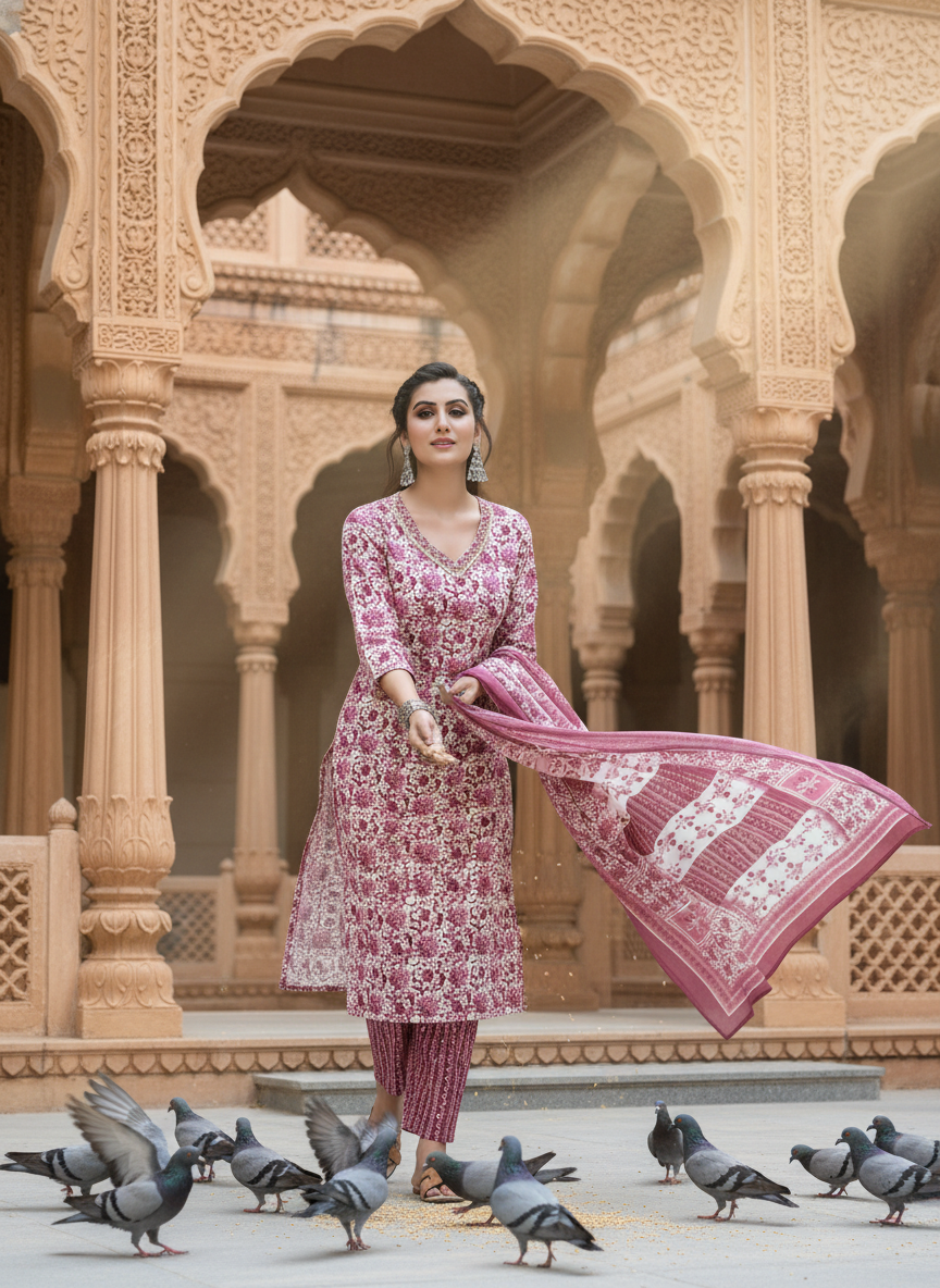 Pure Cotton Wine Floral Printed Kurta Set with Sequin Embellished Neckline & Dupatta