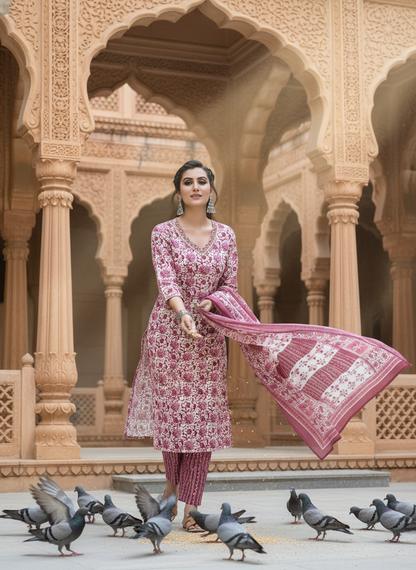 Pure Cotton Wine Floral Printed Kurta Set with Sequin Embellished Neckline & Dupatta