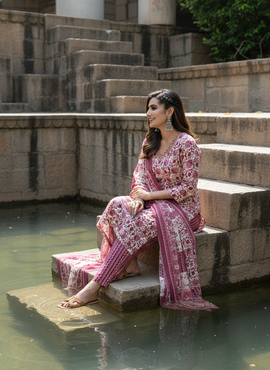 Pure Cotton Wine Floral Printed Kurta Set with Sequin Embellished Neckline & Dupatta