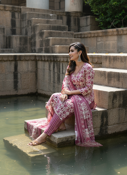 Pure Cotton Wine Floral Printed Kurta Set with Sequin Embellished Neckline & Dupatta