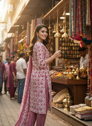 Pure Cotton Wine Floral Printed Kurta Set with Sequin Embellished Neckline & Dupatta