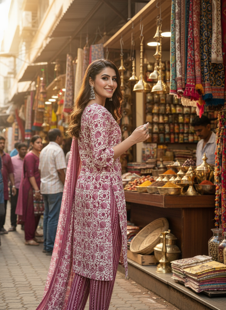 Pure Cotton Wine Floral Printed Kurta Set with Sequin Embellished Neckline & Dupatta