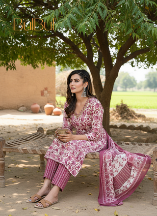 Pure Cotton Wine Floral Printed Kurta Set with Sequin Embellished Neckline & Dupatta