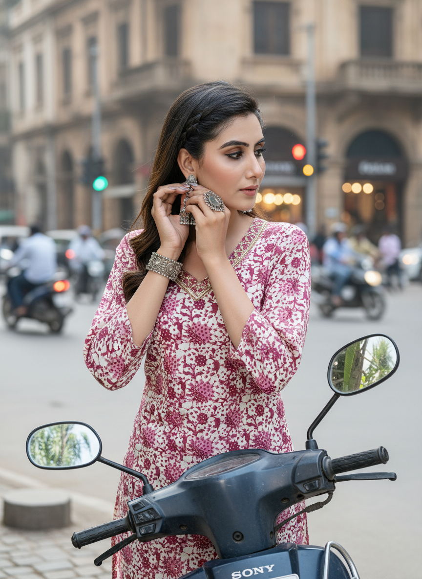 Pure Cotton Wine Floral Printed Kurta Set with Sequin Embellished Neckline & Dupatta
