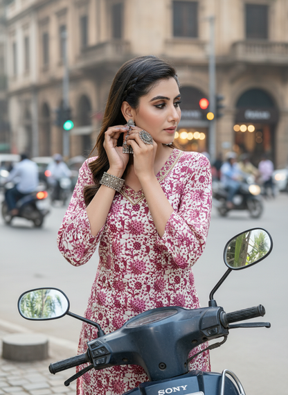 Pure Cotton Wine Floral Printed Kurta Set with Sequin Embellished Neckline & Dupatta