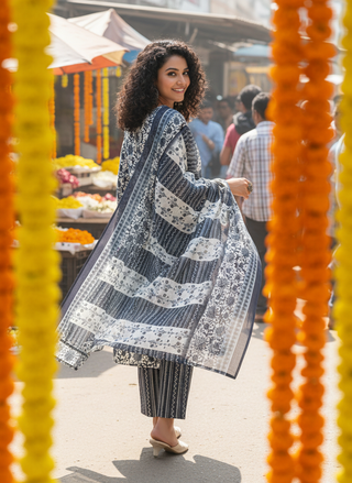 Pure Cotton Navy Floral Printed Kurta Set with Sequin Embellished Neckline & Dupatta