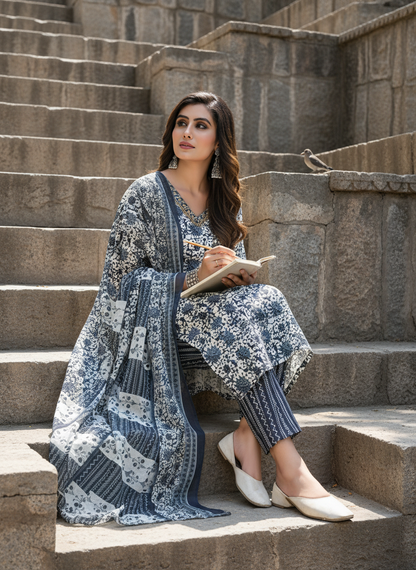 Pure Cotton Navy Floral Printed Kurta Set with Sequin Embellished Neckline & Dupatta