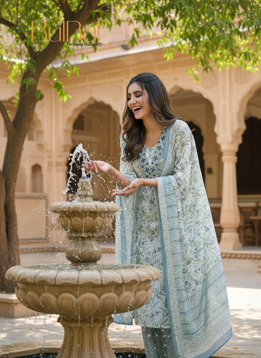 Pure Cotton Fashionista Blue Floral Printed Kurta Set with Mirror & Thread Embroidered Neckline
