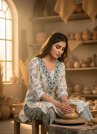 Pure Cotton Fashionista Blue Floral Printed Kurta Set with Mirror & Thread Embroidered Neckline
