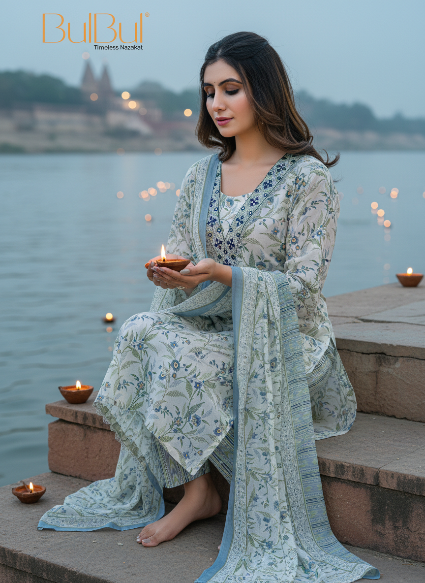 Pure Cotton Fashionista Blue Floral Printed Kurta Set with Mirror & Thread Embroidered Neckline
