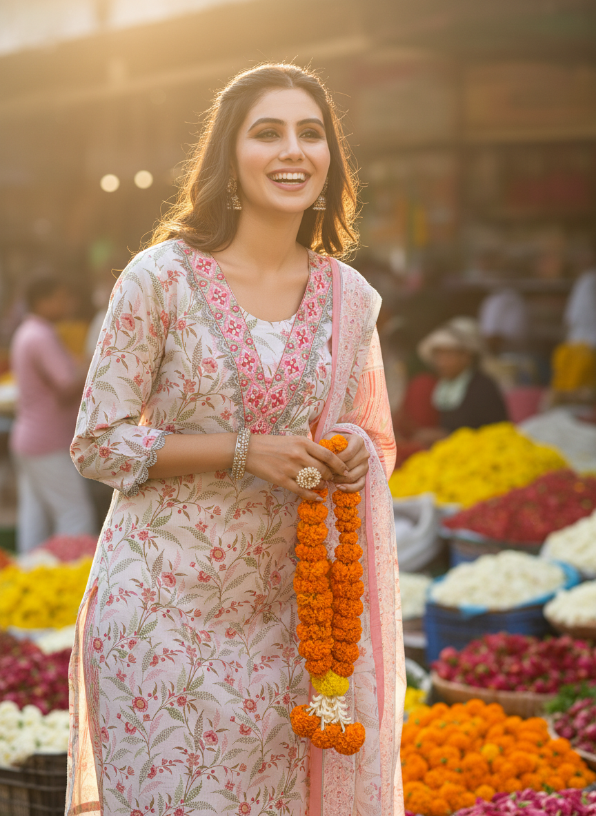 Pure Cotton Fashionista Red Floral Printed Kurta Set with Mirror & Thread Embroidered Neckline