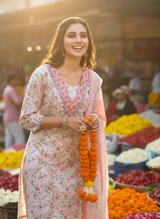 Pure Cotton Fashionista Red Floral Printed Kurta Set with Mirror & Thread Embroidered Neckline