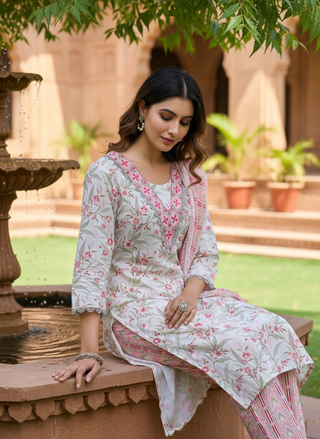 Pure Cotton Fashionista Red Floral Printed Kurta Set with Mirror & Thread Embroidered Neckline