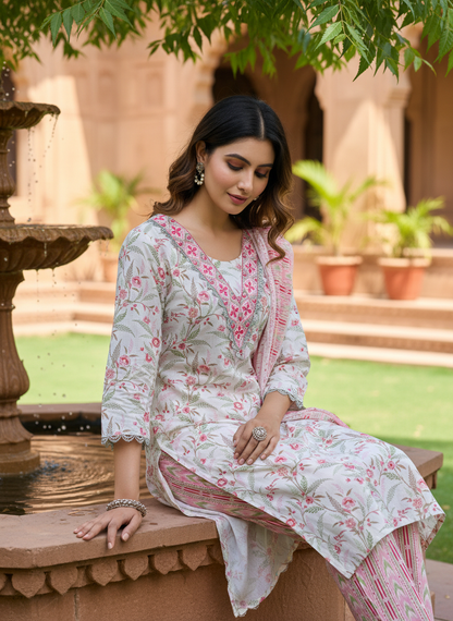 Pure Cotton Fashionista Red Floral Printed Kurta Set with Mirror & Thread Embroidered Neckline