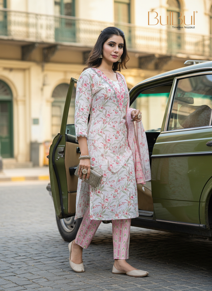 Pure Cotton Fashionista Red Floral Printed Kurta Set with Mirror & Thread Embroidered Neckline